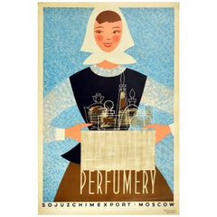 Affiche vintage originale du parfum soviétique design du milieu du siècle Soyuzkhimexport Moscou