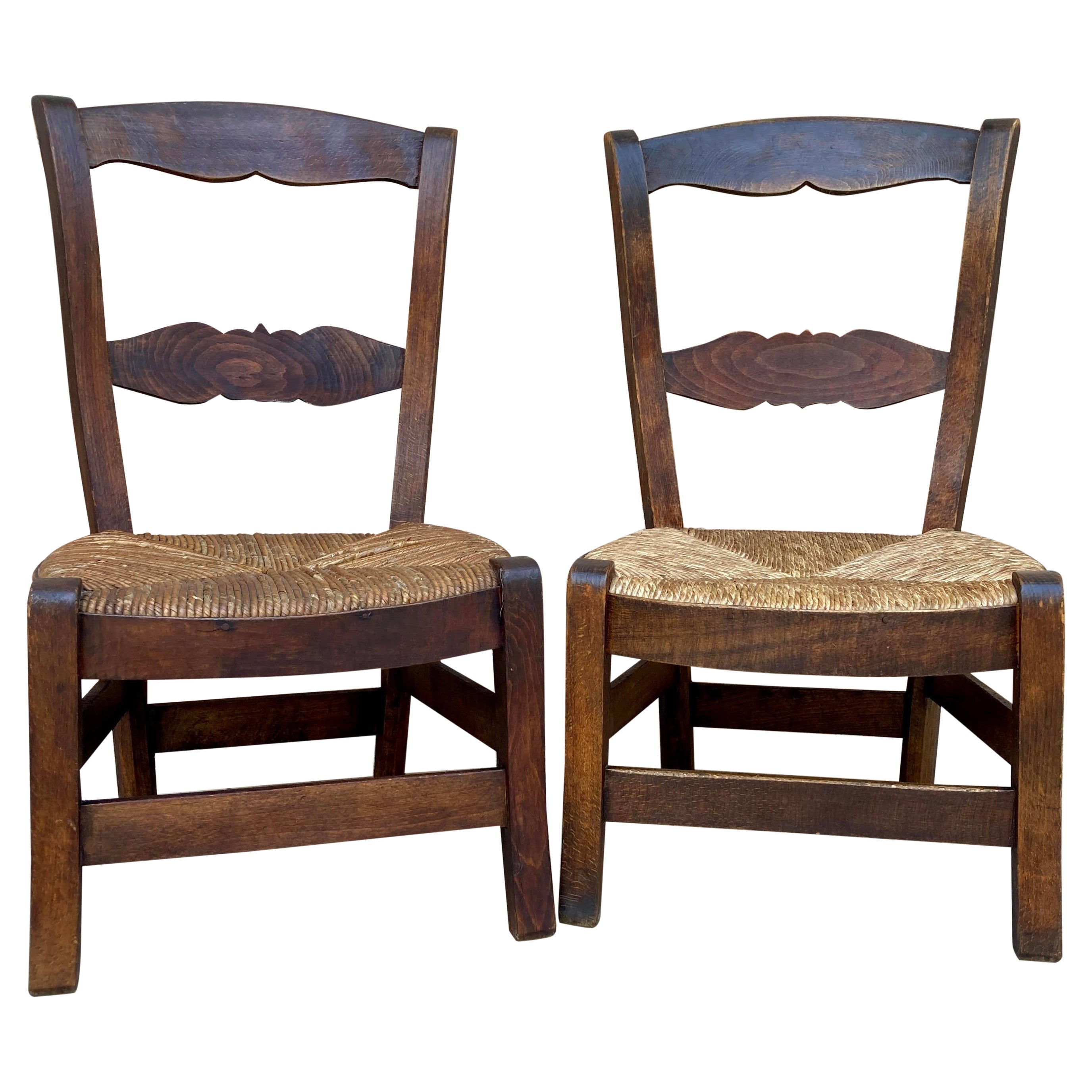 Mid-Century French Oak and Rush Armchairs, Set of 2