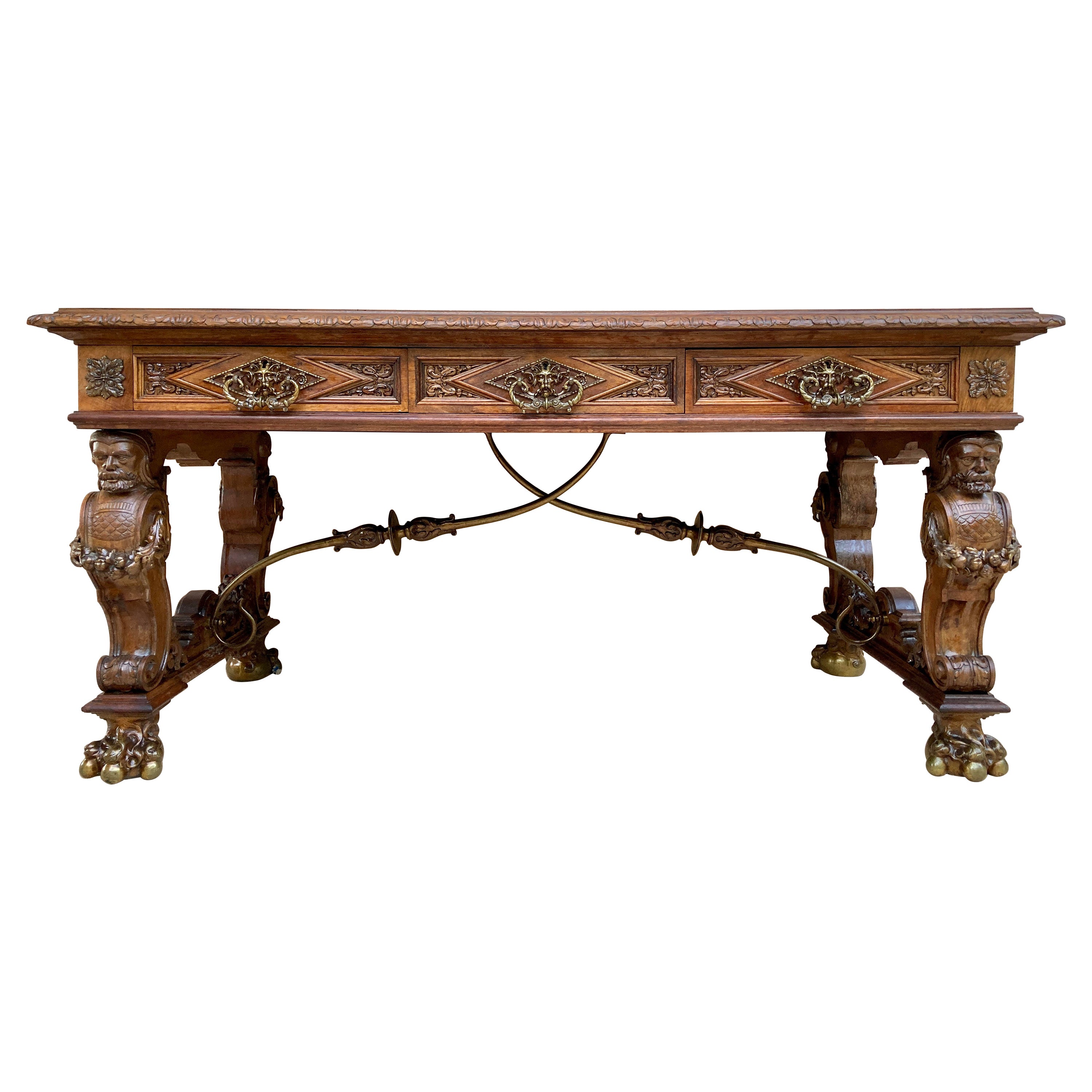 Early 20th Carved Walnut Desk or Dining Table with Three Drawers  For Sale