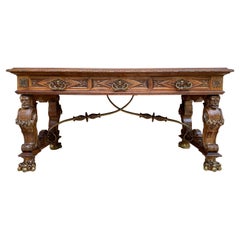 Early 20th Carved Walnut Desk or Dining Table with Three Drawers 
