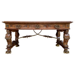 Antique Early 20th Carved Walnut Desk or Dining Table with Three Drawers 