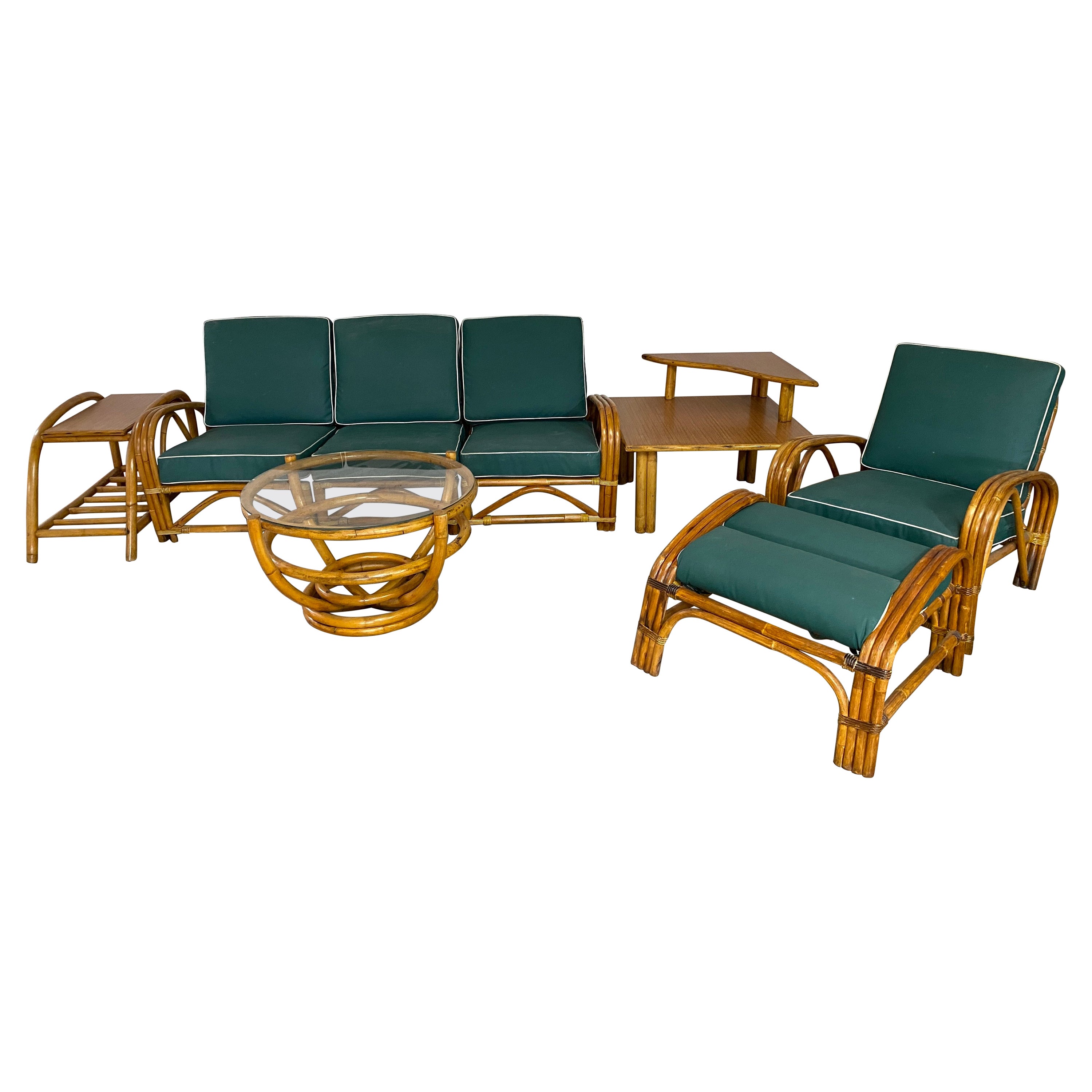 Ensemble de sièges Art Déco 6 pièces en bois cintré, bambou et osier en vente