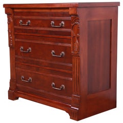 Romweber Victorian Eastlake Style Carved Walnut and Burl Wood Chest of Drawers