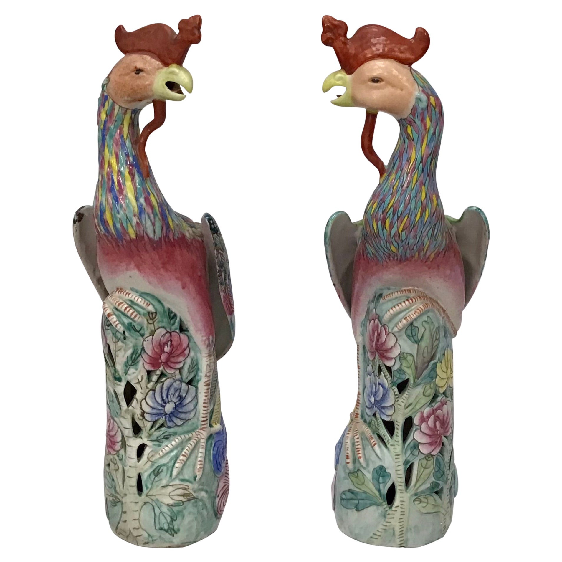 Large Pair of Early 20th Century Chinese Export Polychrome Porcelain Roosters