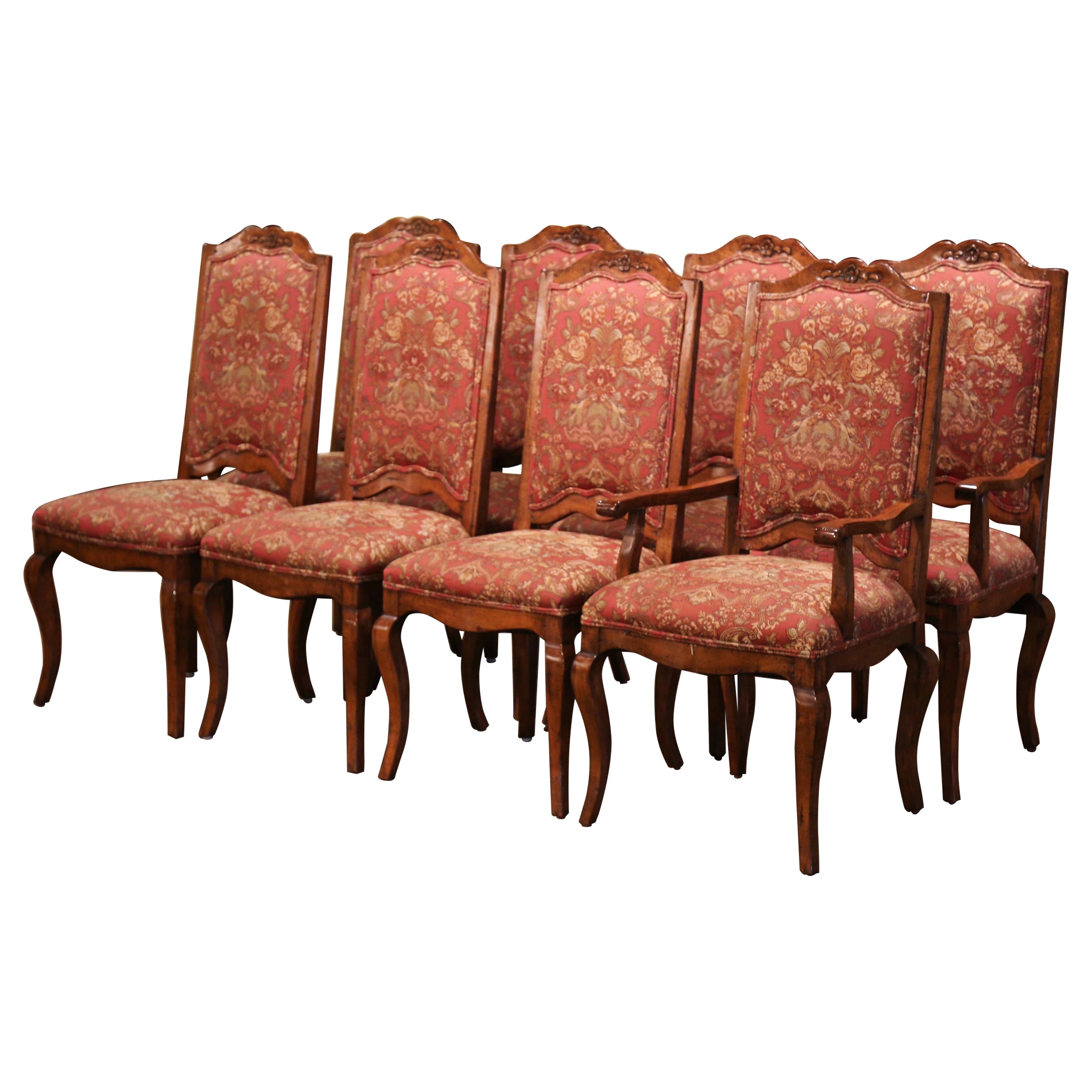 Suite of Eight French Louis XV Walnut Ladder Back Chairs and Marching Armchairs