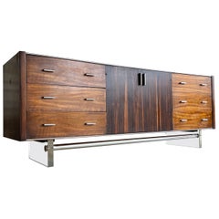 Rosewood, Walnut, Chrome, and Lucite Nine-Drawer Dresser