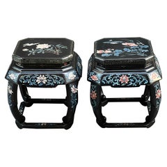 Pair of Antique Chinese Black Lacquered Hand-Painted Tables, 1900s