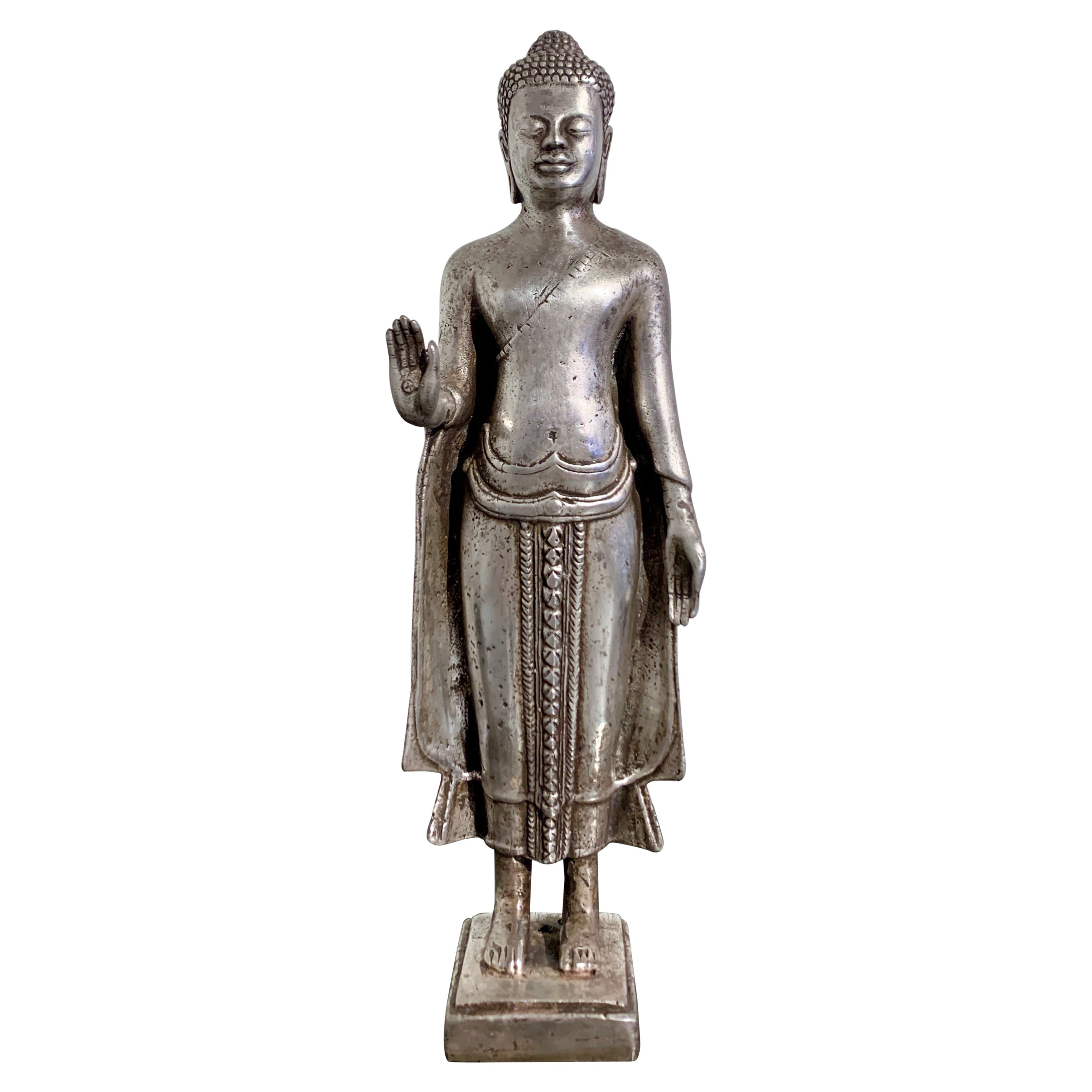 Thai Cast Silver Alloy Standing Buddha, Mid 20th Century, Thailand For Sale