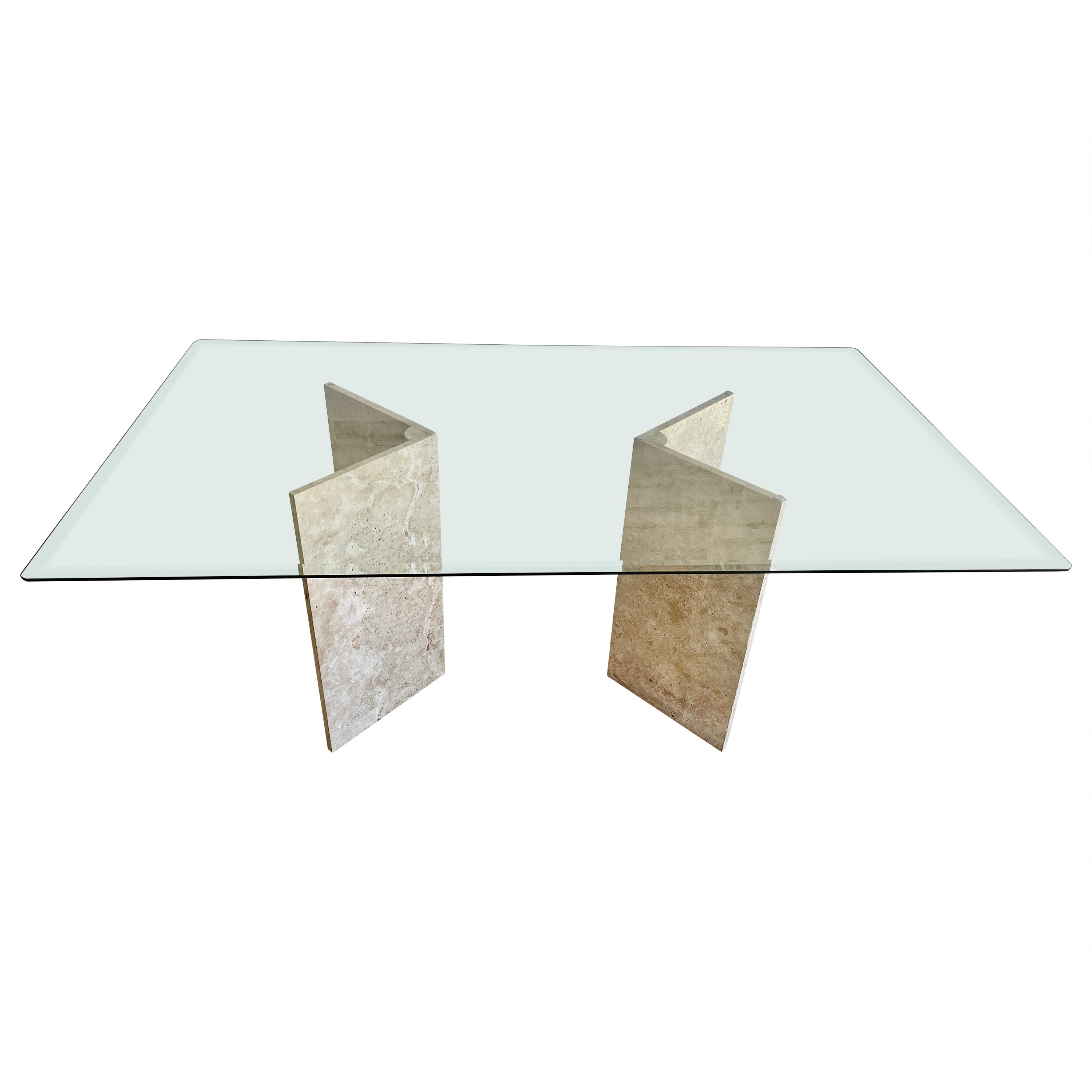 Hollywood Glam Dining Table with Brass Base and Travertine Top at