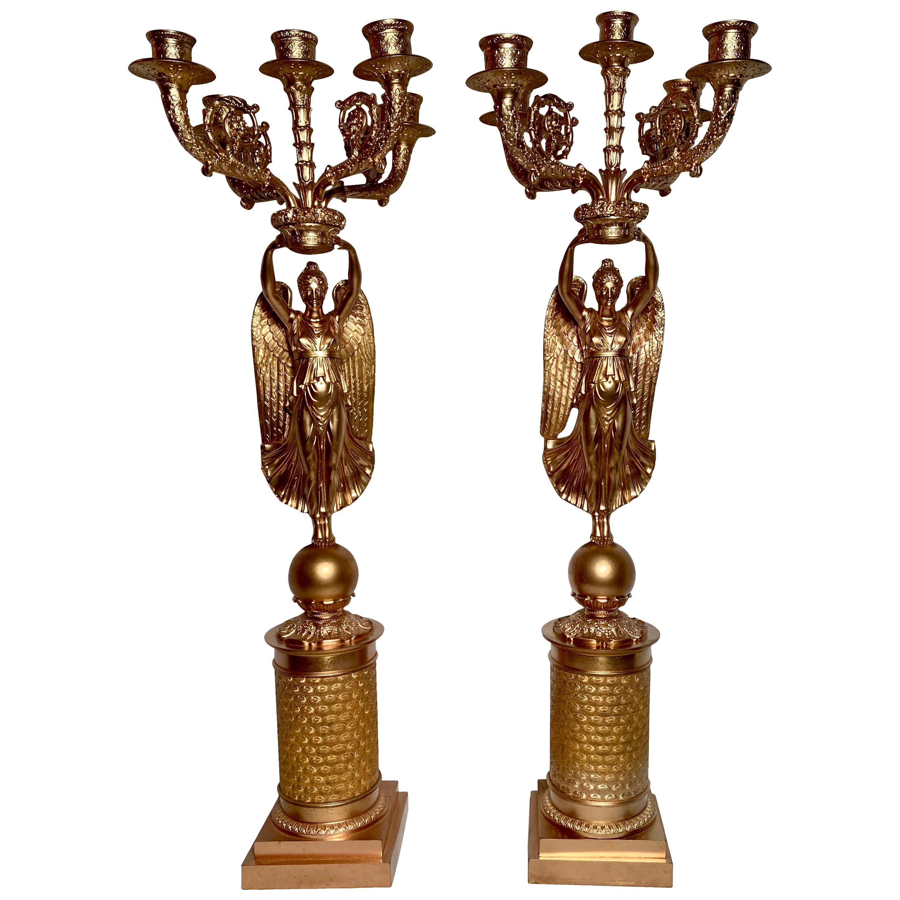 Pair Antique French Empire Gold Bronze Candelabra, circa 1890 For Sale