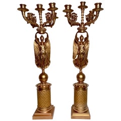 Paire de chandeliers anciens en bronze doré de style Empire français, vers 1890