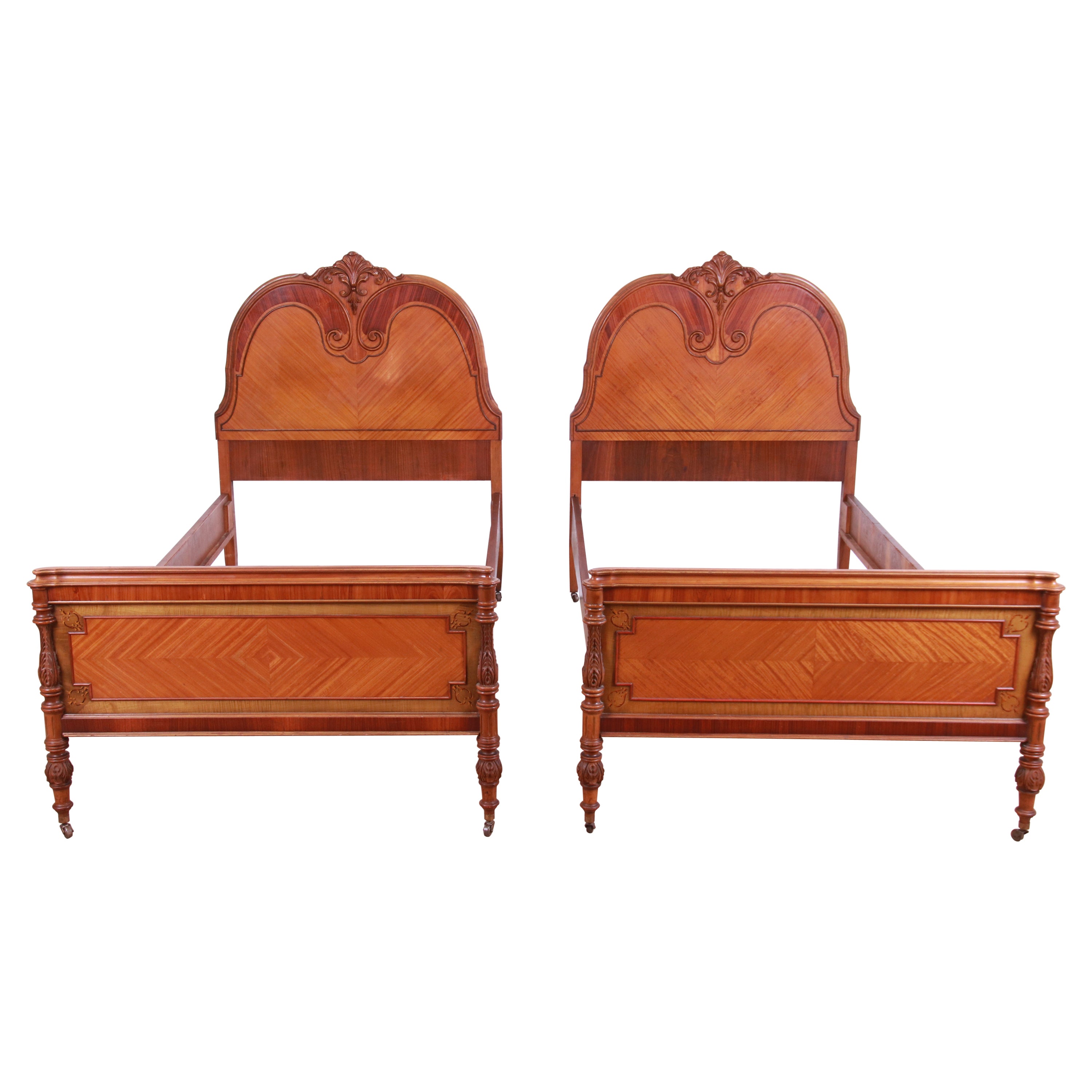 French Art Deco Satinwood and Carved Walnut Twin Beds, Circa 1920s