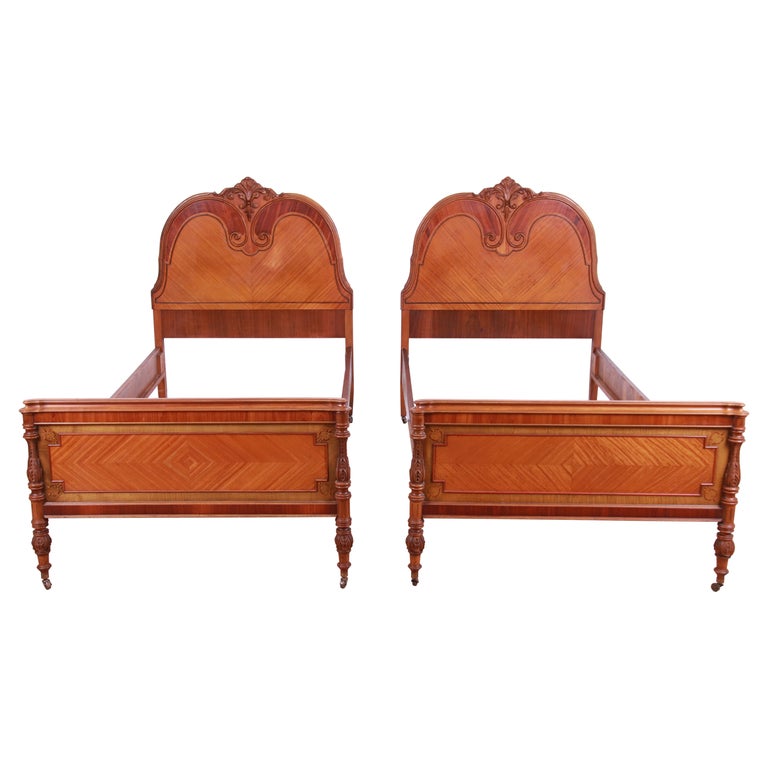 French Art Deco Satinwood and Carved Walnut Twin Beds, Circa 1920s at