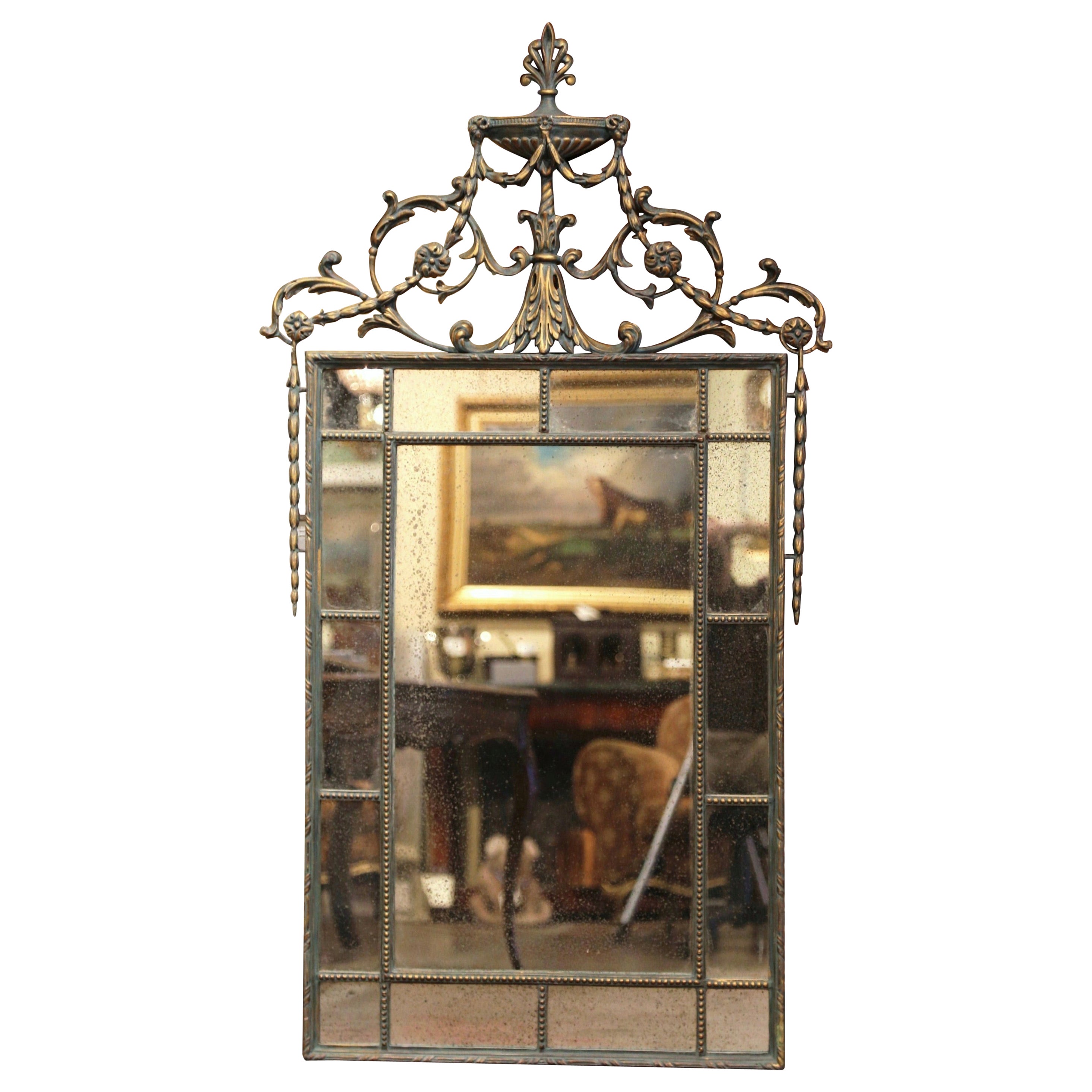Vintage Regency Style Carved Verdigris and Gilt Wall Mirror with Smoked Glass For Sale