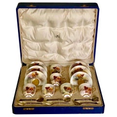 Antique Royal Worcester Cased Coffee Set Decorated with Highland Cattle