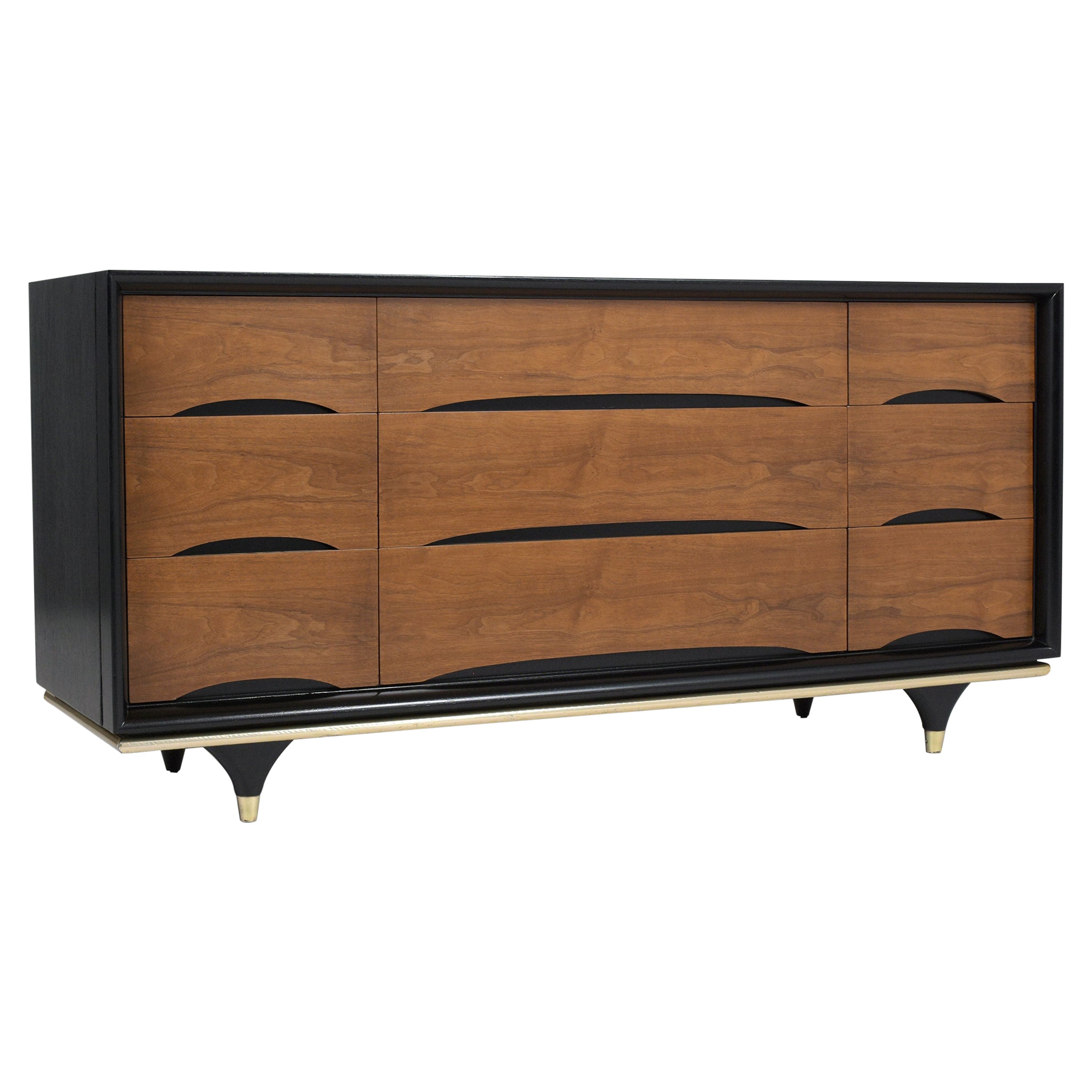 Vintage Walnut Chest of Drawers: Mid-Century Elegance with Brass Accents