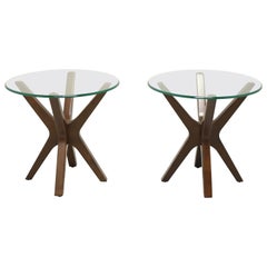 Contemporary Style Mahogany Glass Top End Side Tables - Pair