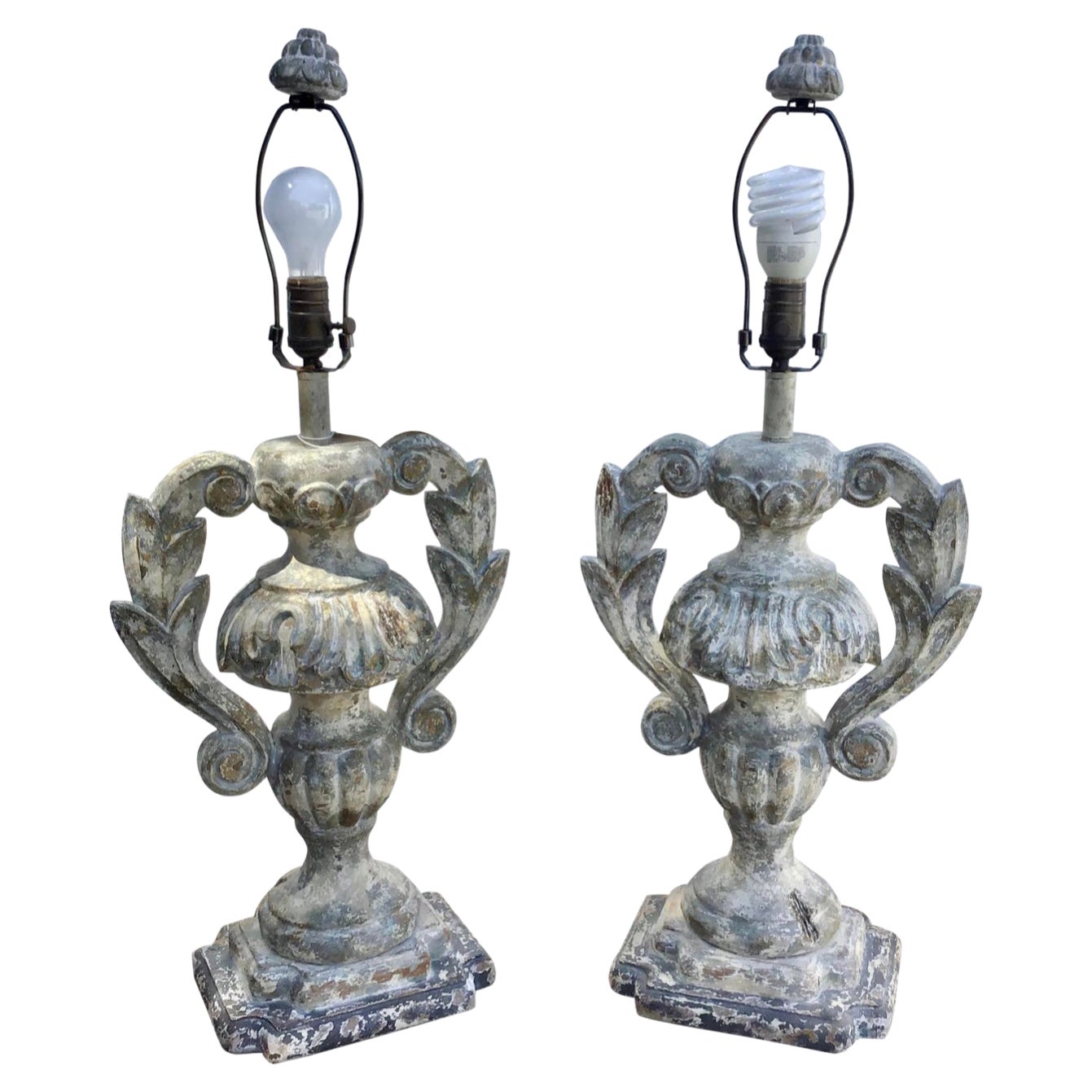 Carved Distressed Wood Italian Urn Table Lamps For Sale