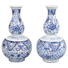 Pair of Antique Dutch Delft Faience Double Gourd Vases, circa 1800