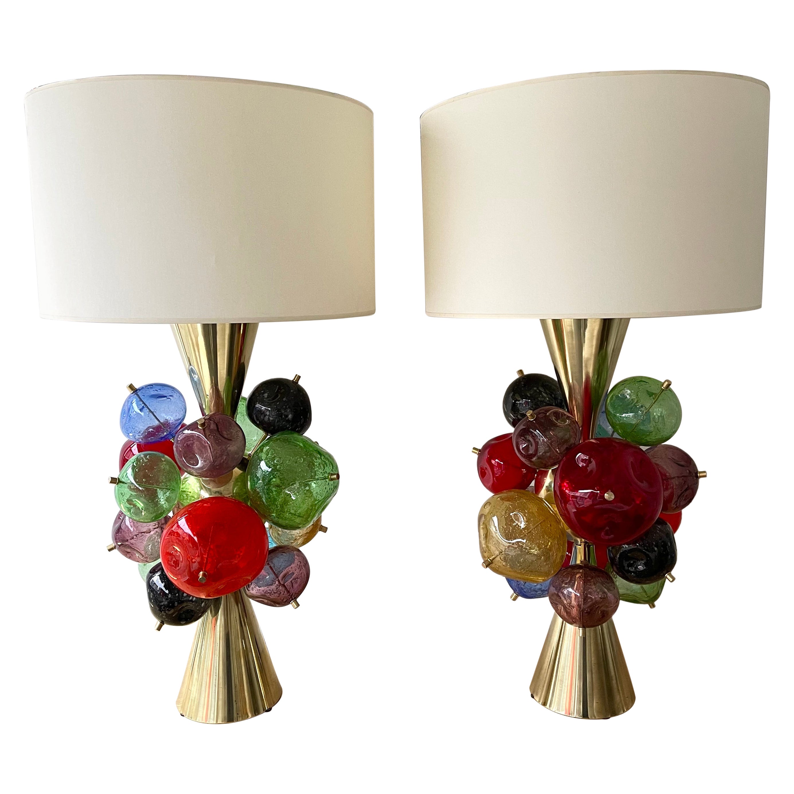 Contemporary Pair of Brass Murano Glass Sputnik Tutti Frutti Lamps, Italy