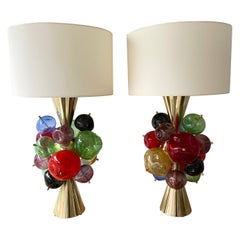 Contemporary Pair of Brass Murano Glass Sputnik Tutti Frutti Lamps, Italy