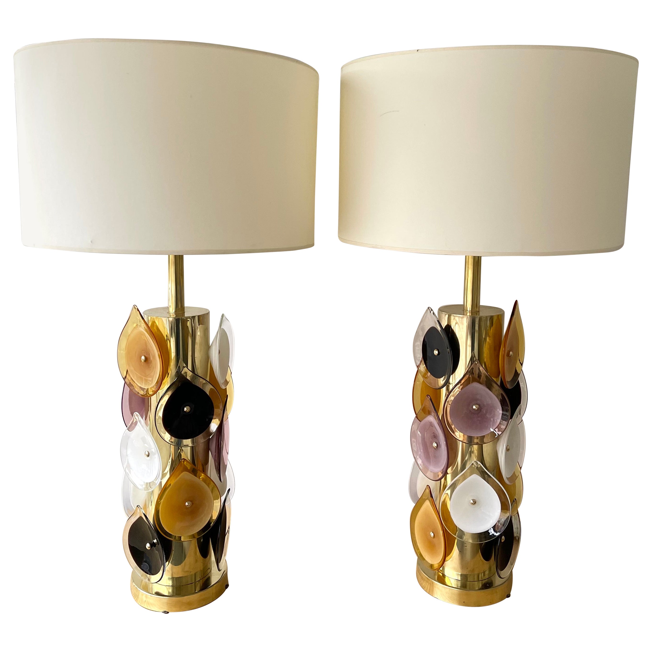 Contemporary Pair of Brass Murano Glass Flame Lamps, Italy For Sale