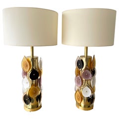 Contemporary Pair of Brass Murano Glass Flame Lamps, Italy