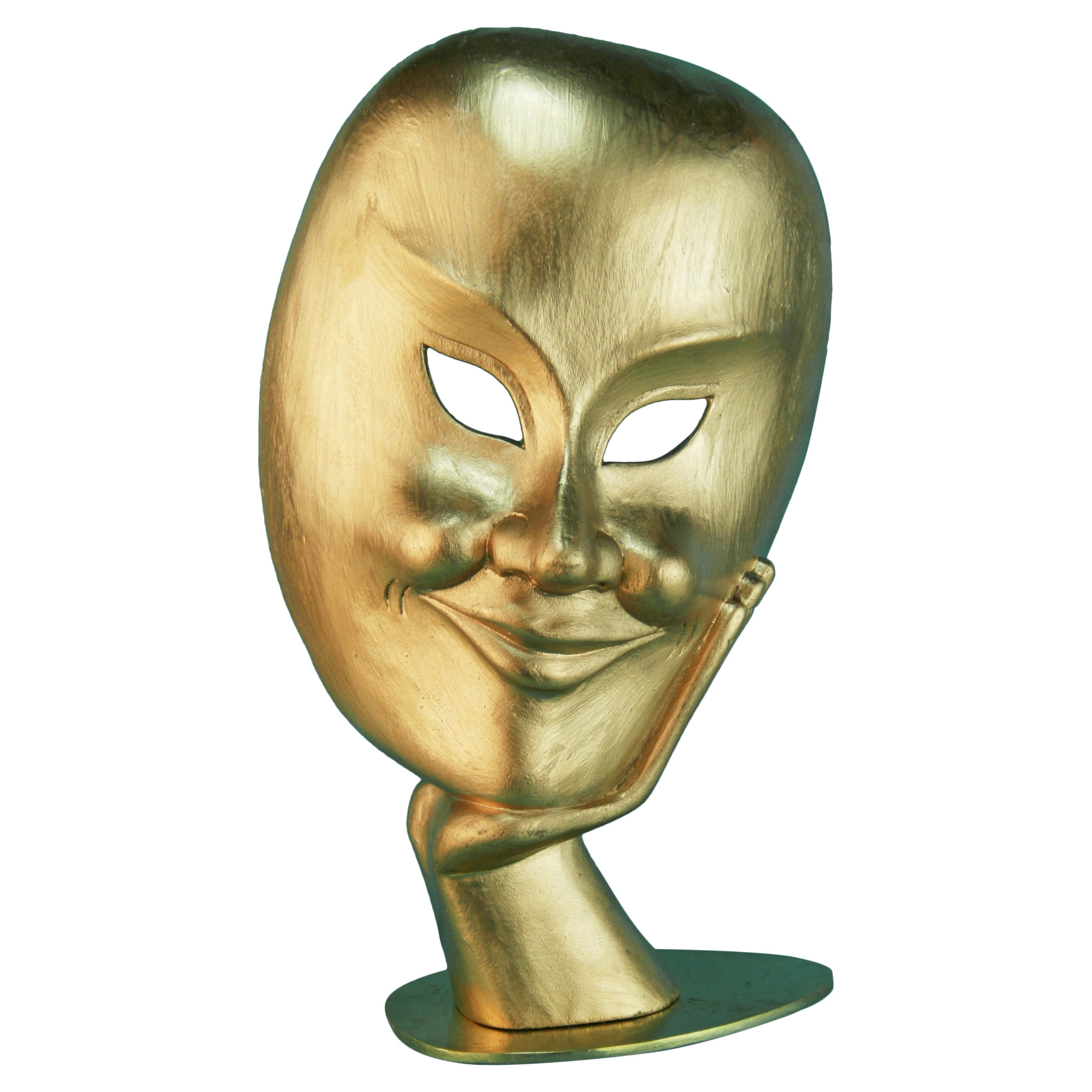 Japanese Folk Art Carved Gilt Wood Theater Facial Mask on Brass Base