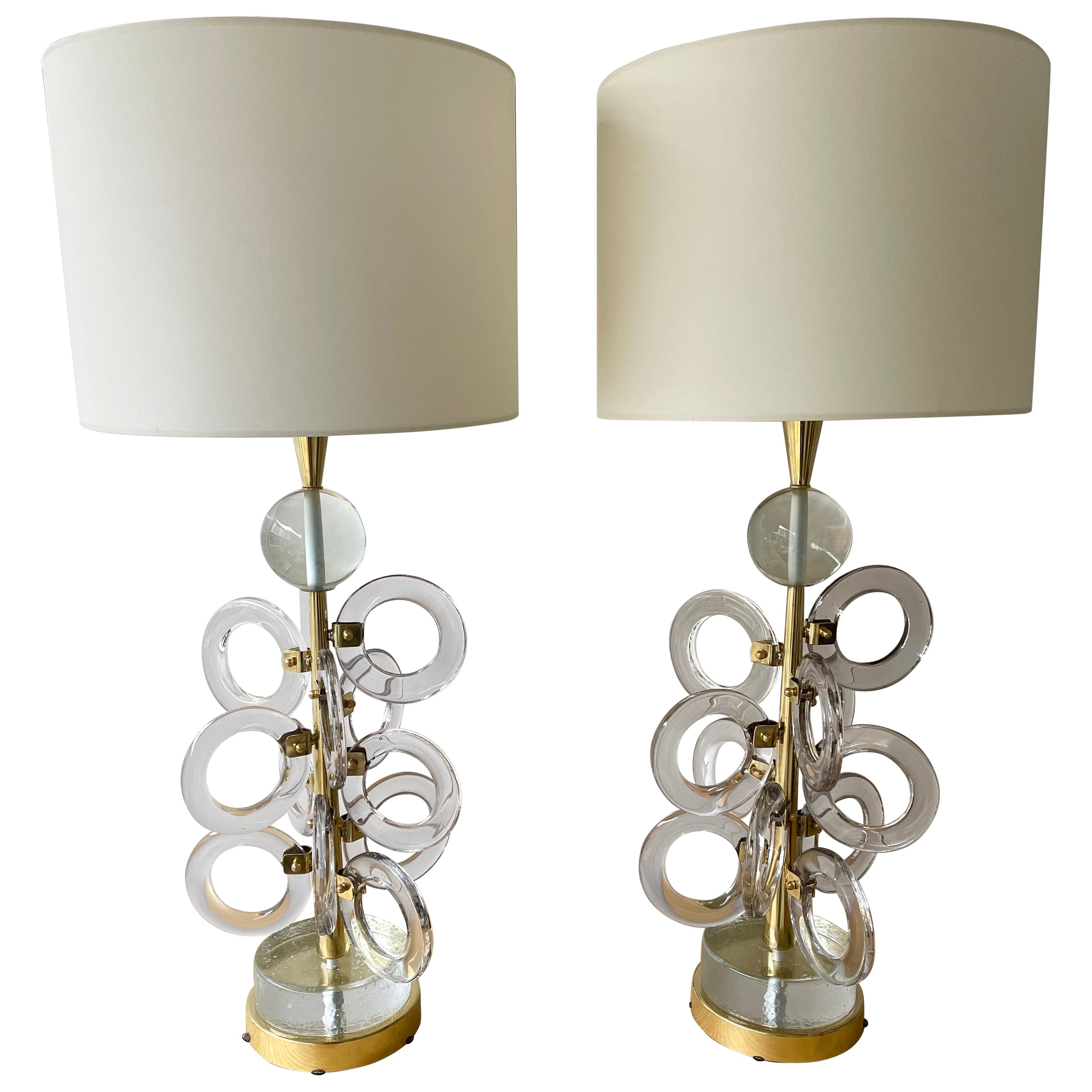 Contemporary Pair of Brass Murano Glass Sputnik Ring Lamps, Italy