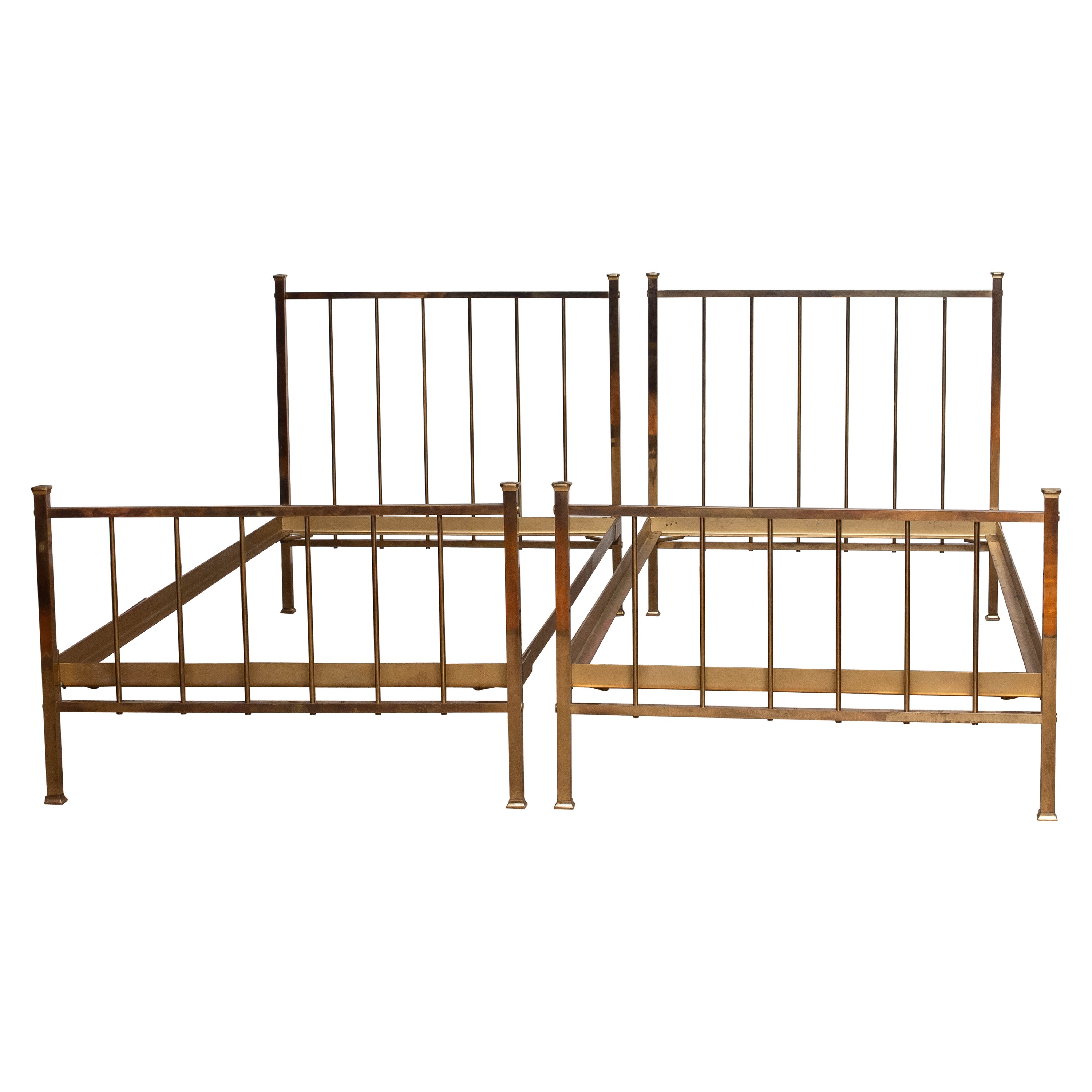1960's Pair Slim French Brass Bed Frames with Foundation Supports