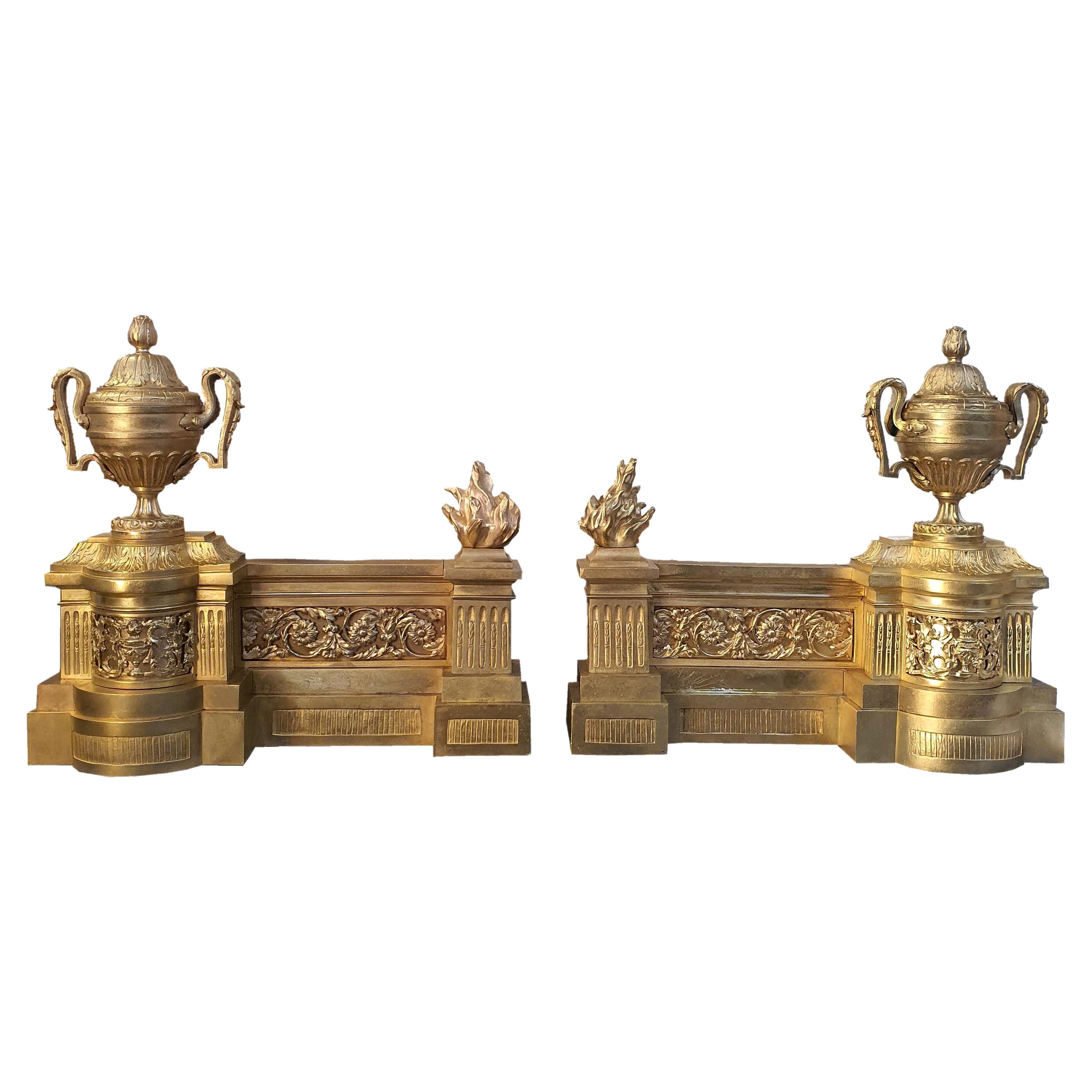 19th Century, Pair of Andirons for Fireplace, Gilt Bronze
