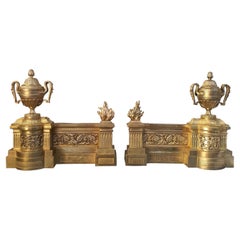 Antique 19th Century, Pair of Andirons for Fireplace, Gilt Bronze