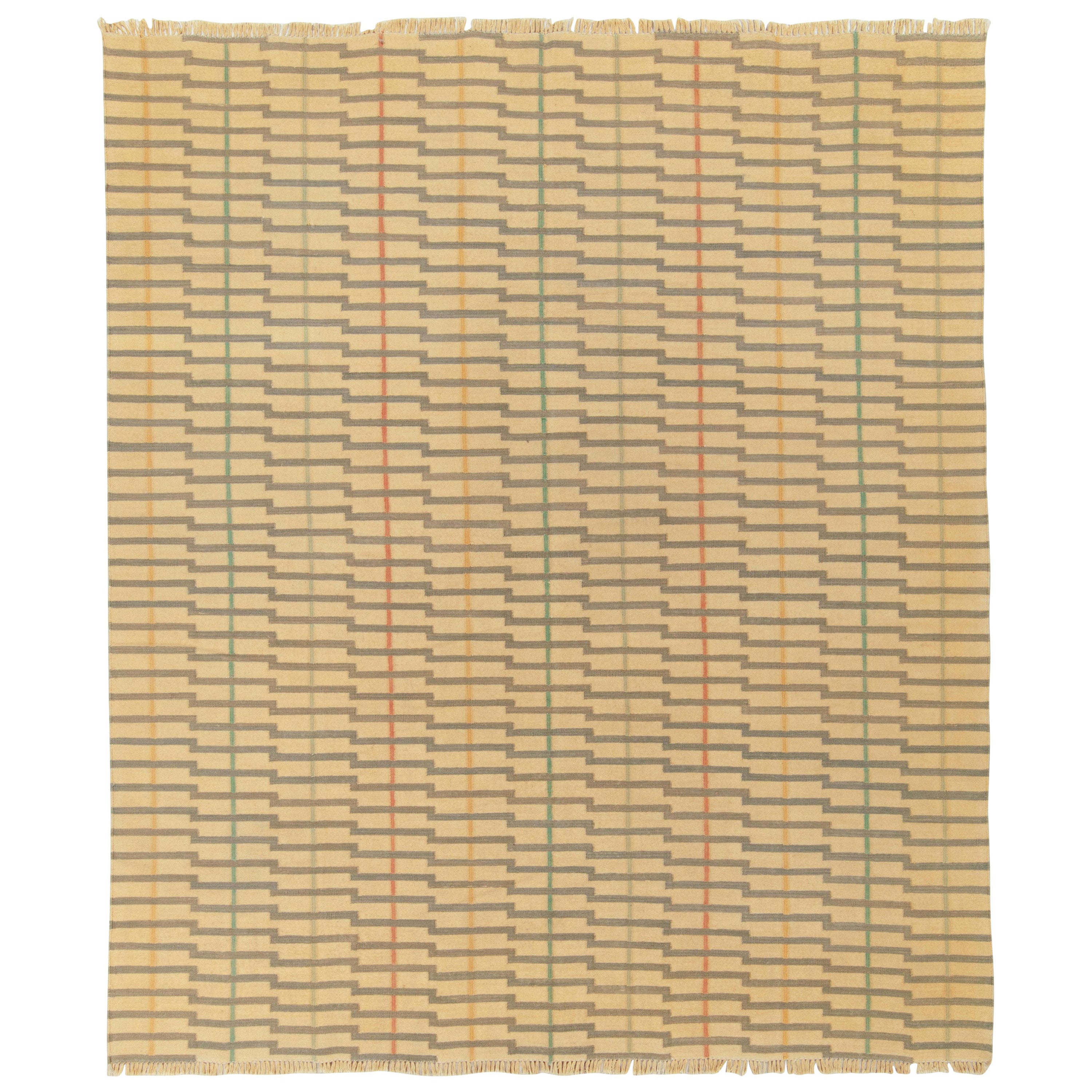 Tapis et tapis Kilim contemporains rayés à tissage plat, motif crème, beige et brun