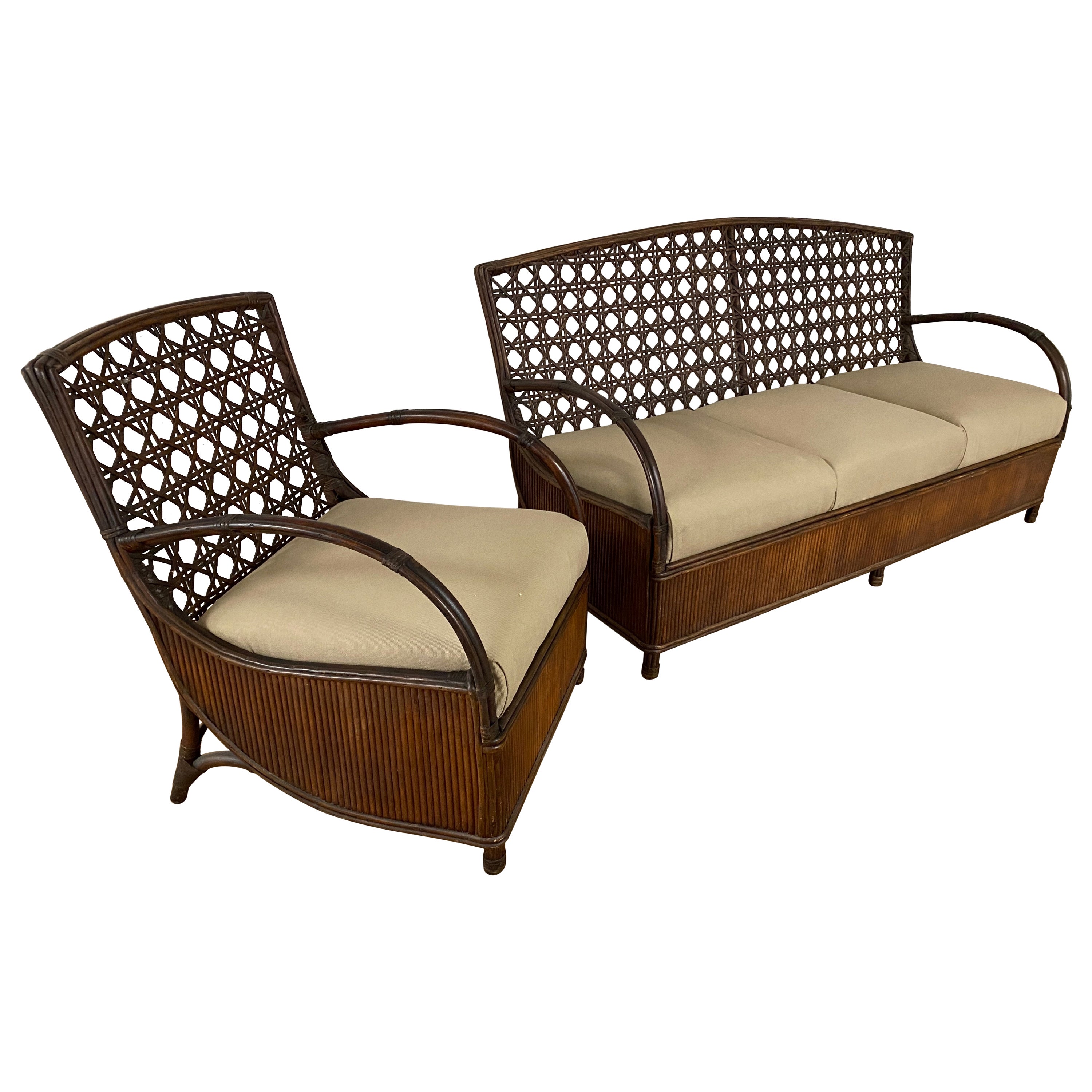 Art Deco Rattan Porch Sofa and Chair Set