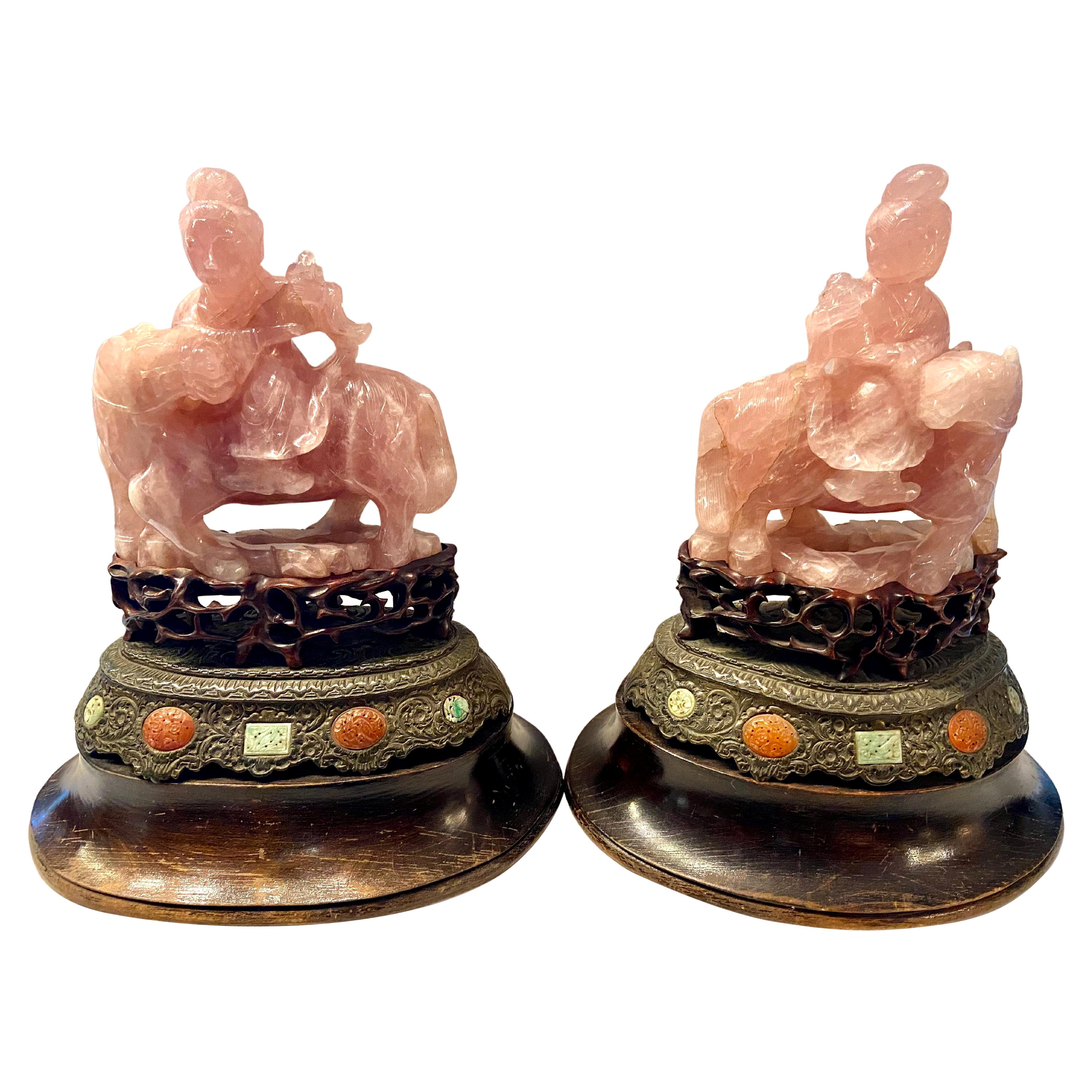 Pair of Chinese Rose Pink Quartz Guan Yin Equestrian Statues For Sale
