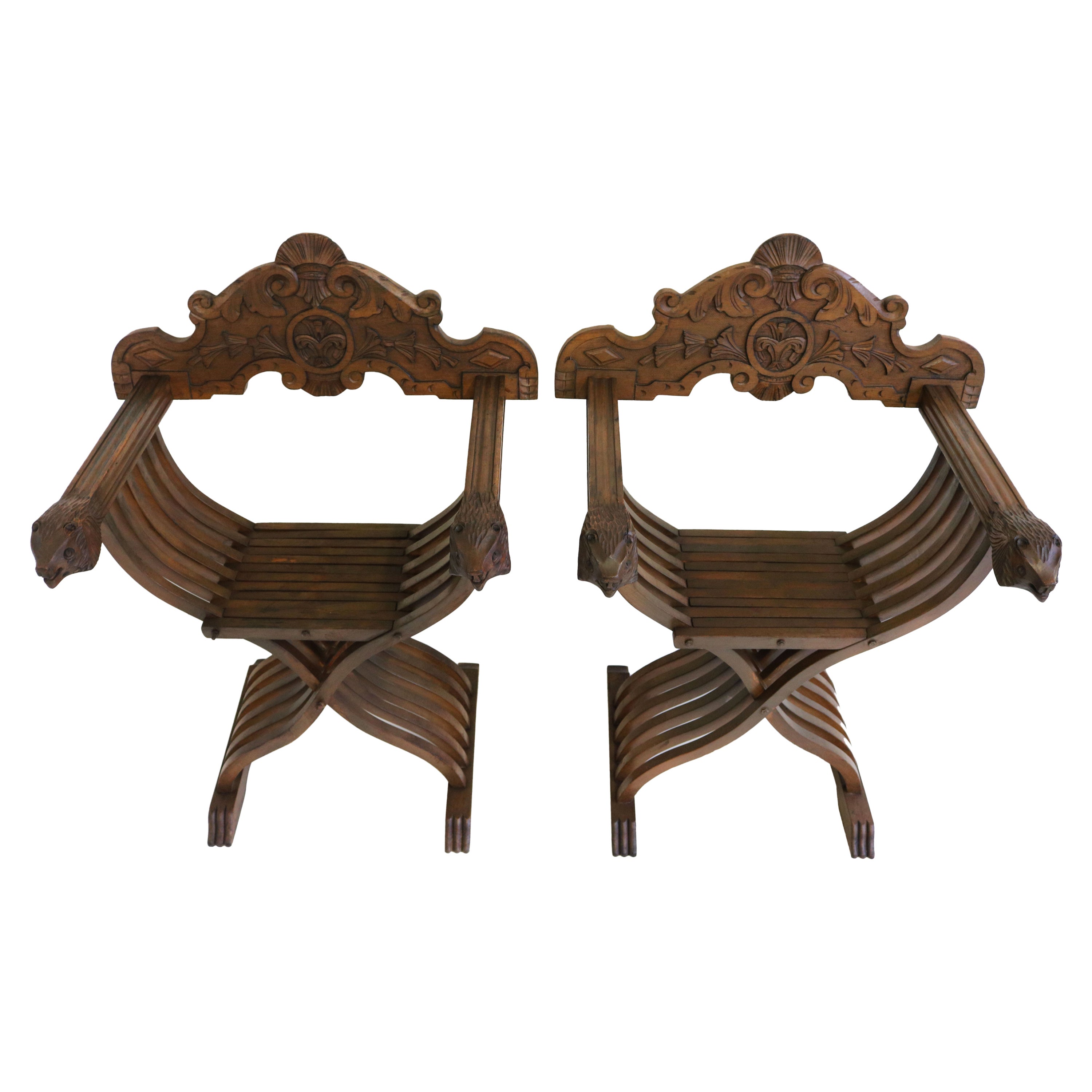 Pair of Italian 19th Century Renaissance Revival Savonarola Chair Side Chairs For Sale