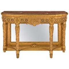 Console française du 19ème siècle de style Louis XVI en bois doré et miroir en marbre