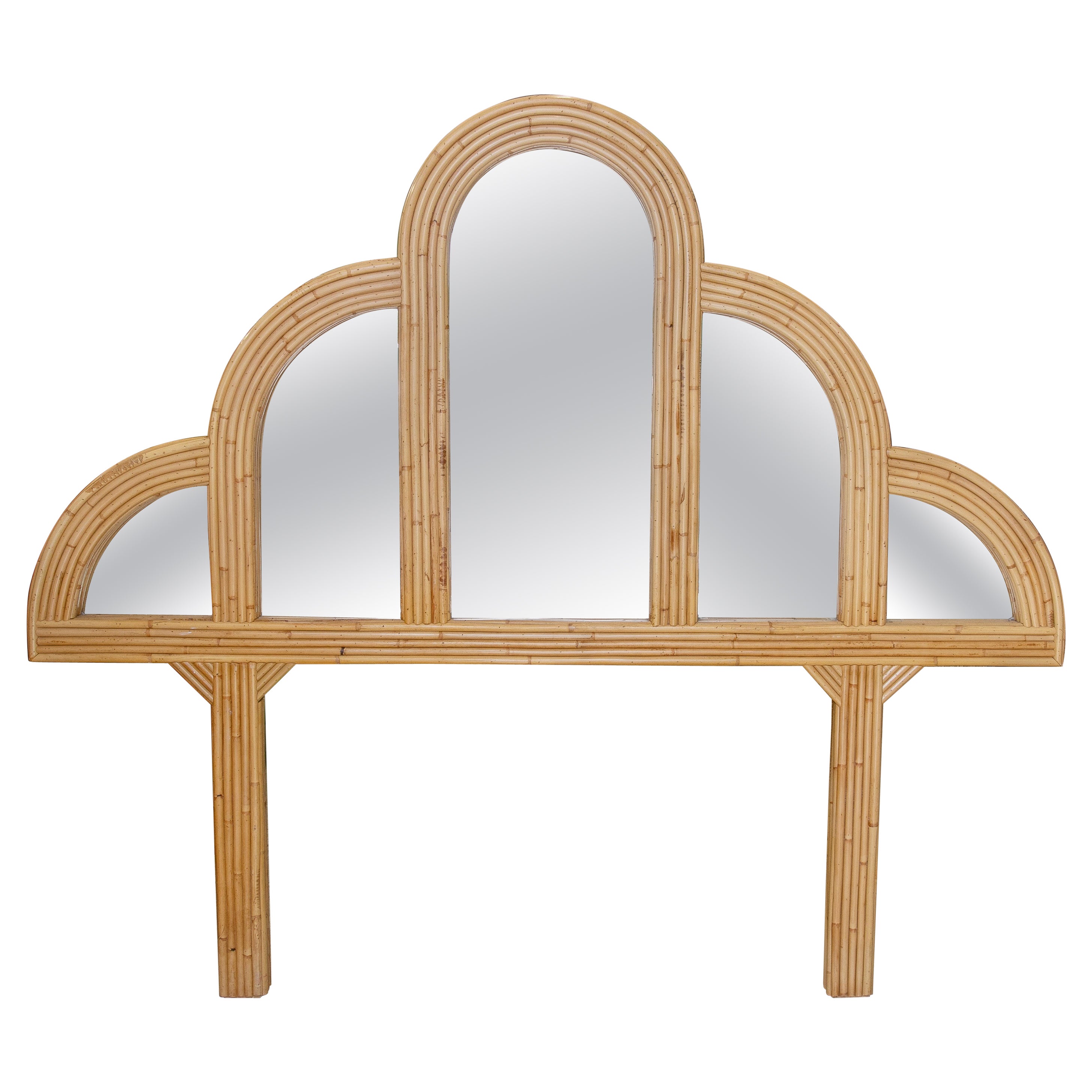 Vintage 1970s Spanish Panelled Mirror & Bamboo Lined  Wooden Bed Headboard For Sale