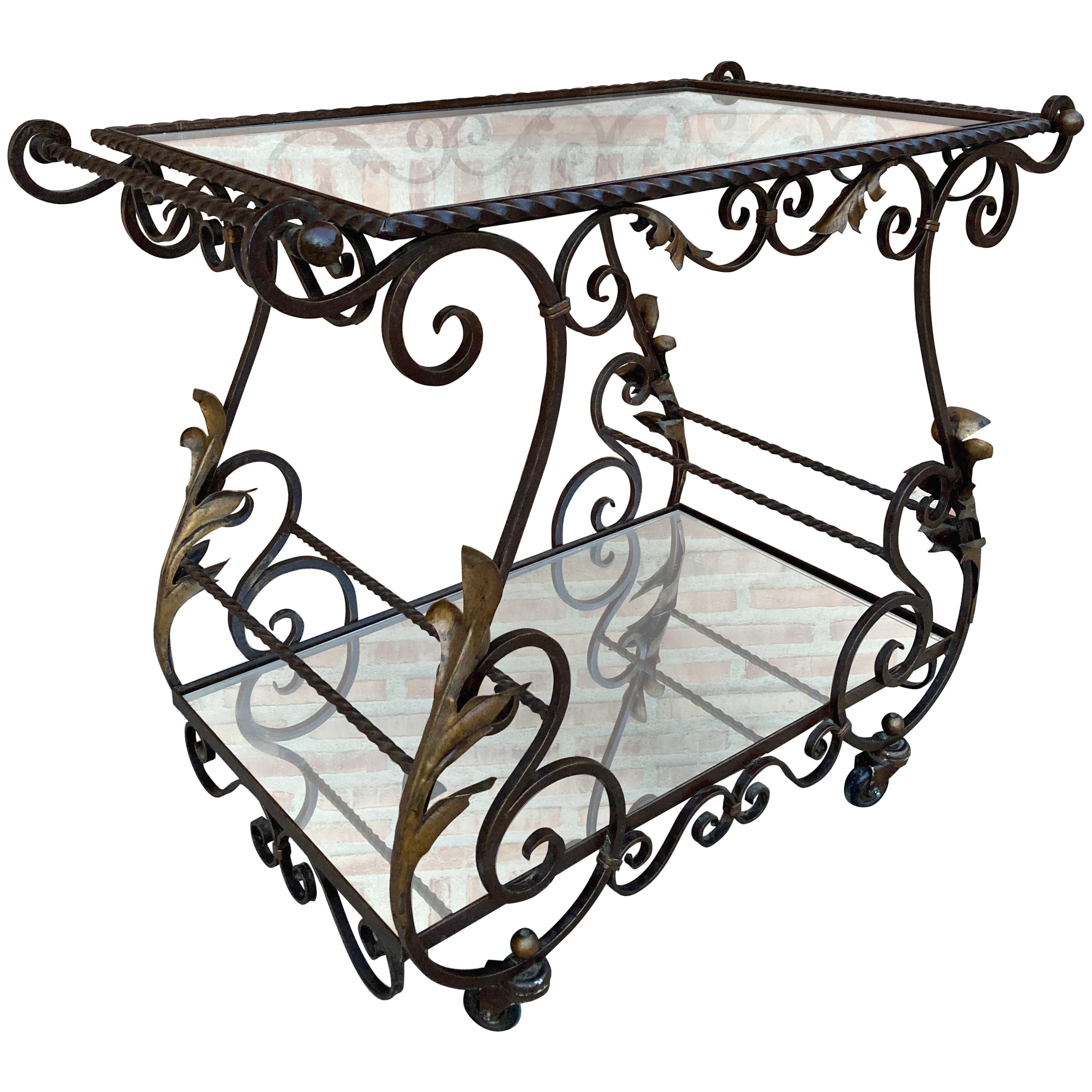 19th Century French Table Iron Bar Cart with Wheels and Two Mirror Tops For Sale