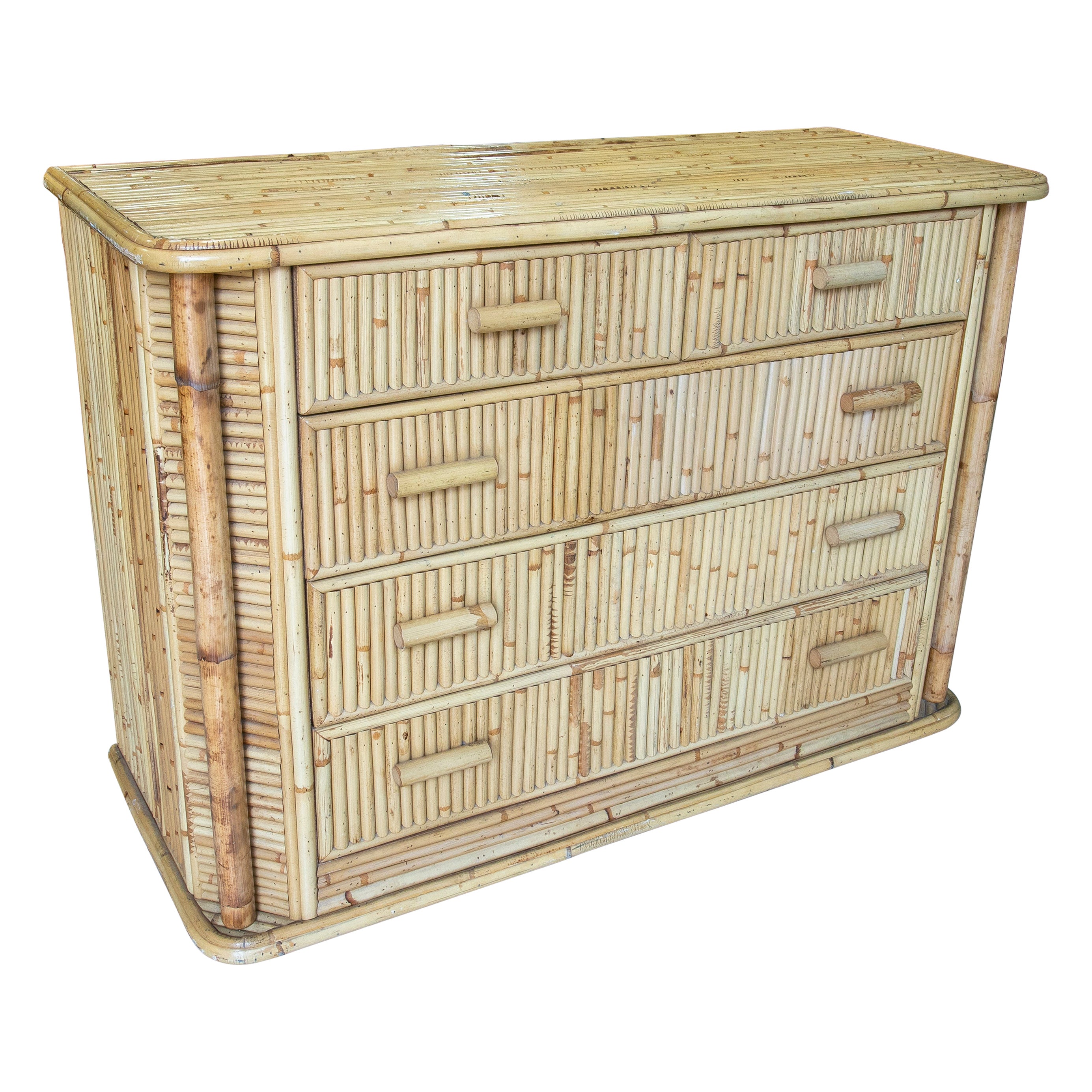 Vintage 1970s Spanish 5-Drawer Bamboo Lined Wooden Chest For Sale