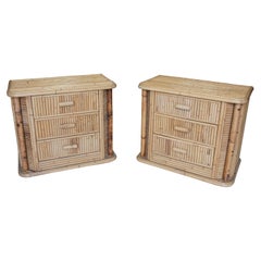 Pair of Vintage 1970s Spanish 3-Drawer Bamboo Lined Wooden Bedside Tables