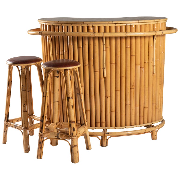 French Riviera Vintage Bambou Bar and Pair of Stools For Sale at 1stDibs