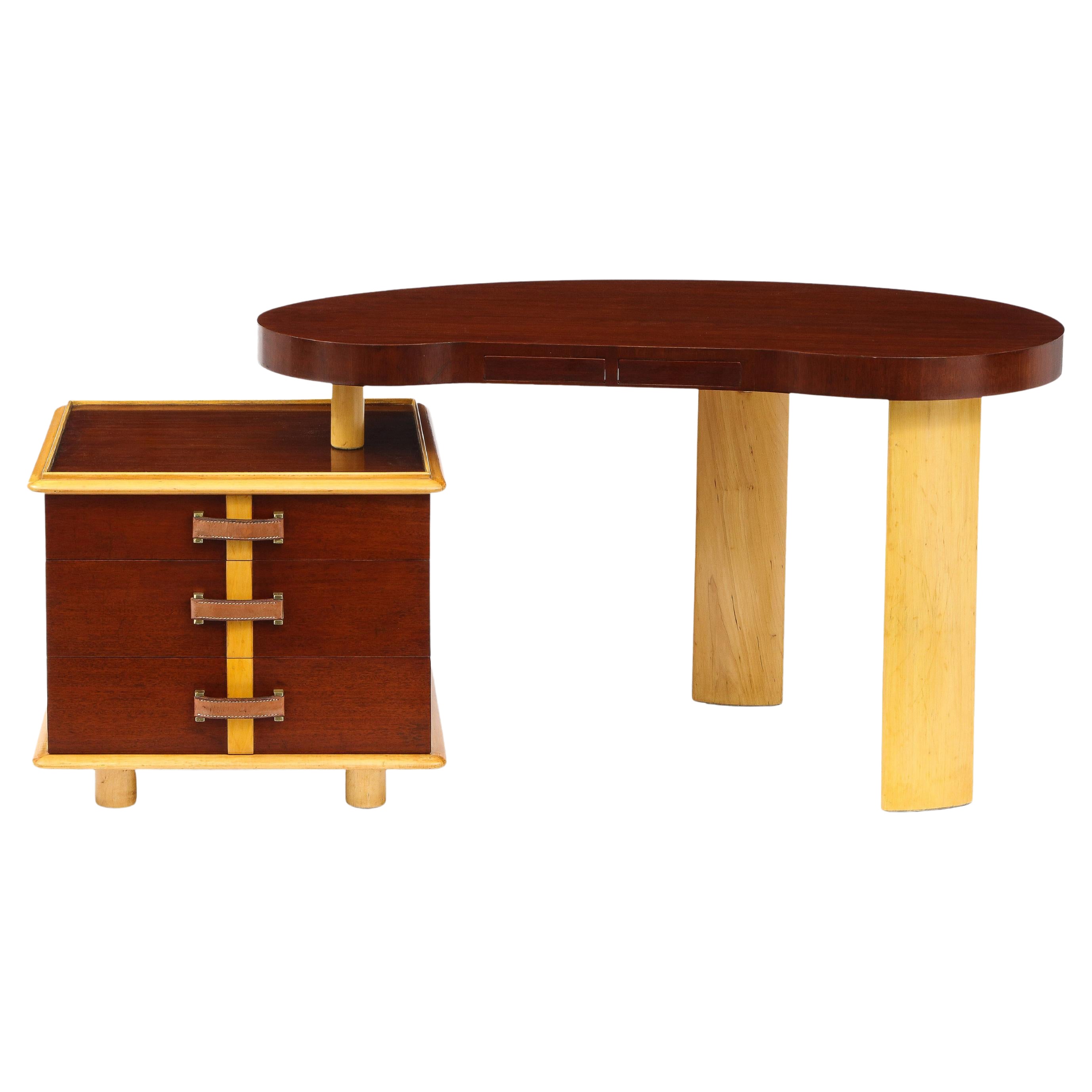 Paul Frankl Rare Kidney Desk in Mahogany, Birch, Leather and Brass, USA, 1950s