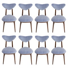 Vintage Set of Eight Mid-Century Violet Blue Cotton-Velvet Heart Chairs, Europe, 1960s