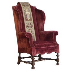 Antique English William & Mary Style Mahogany & Upholstered Wing Chair, ca. 1900