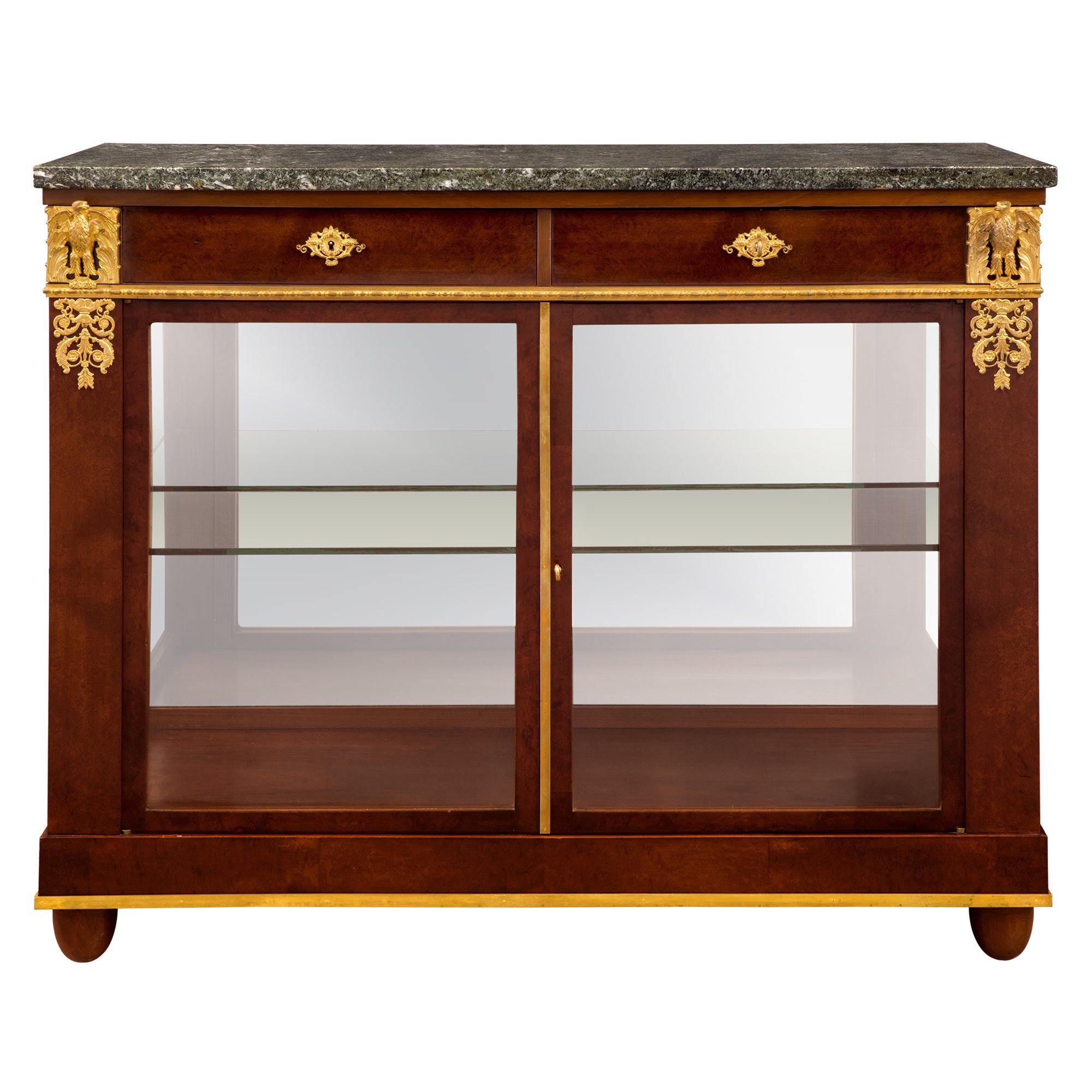 French 19th Century Empire Style Burl Walnut, Ormolu and Glass Cabinet/Vitrine For Sale