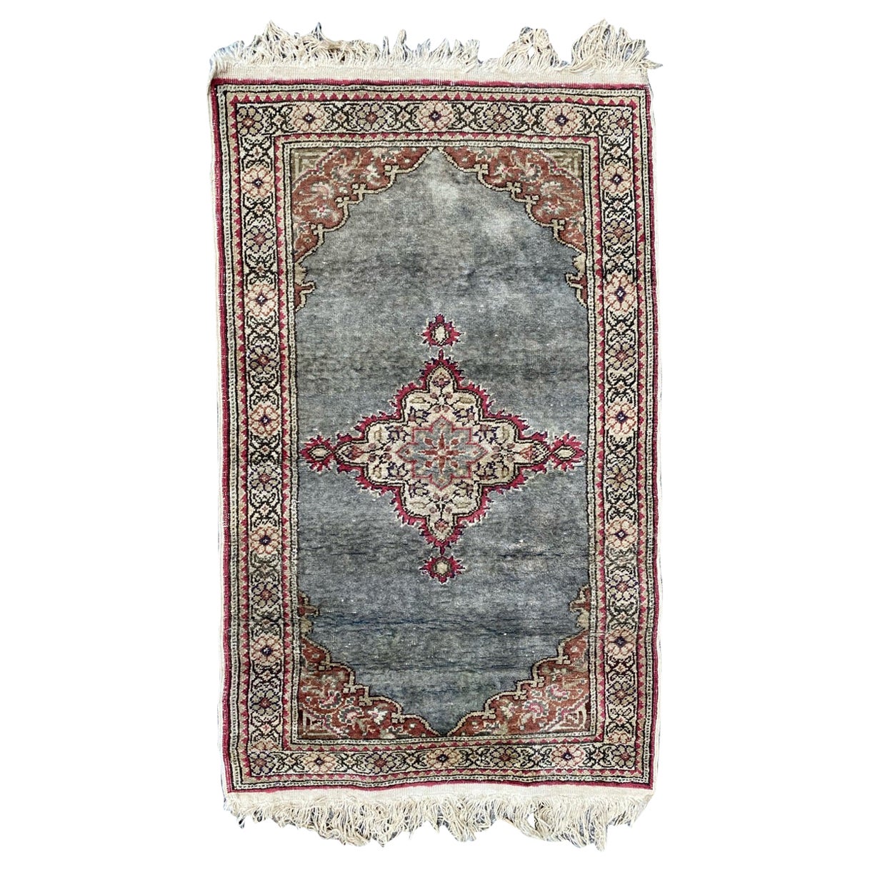 Bobyrug’s Little Vintage Turkish Kayseri Silk and Cotton Rug For Sale