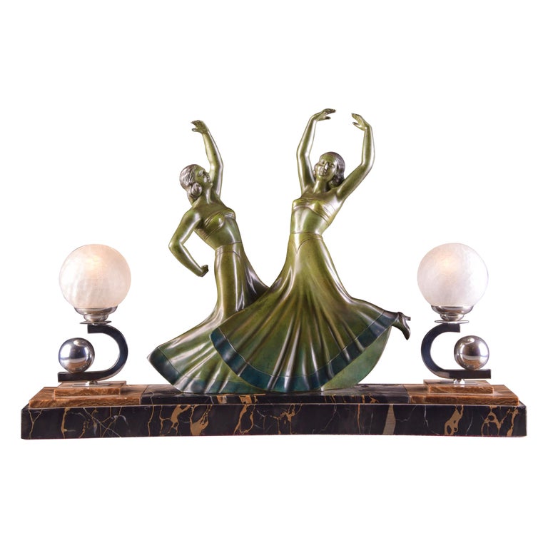 H. Fugere Sculpture, Lamp, Large Bronze Art Deco Statue / Lighting For Sale