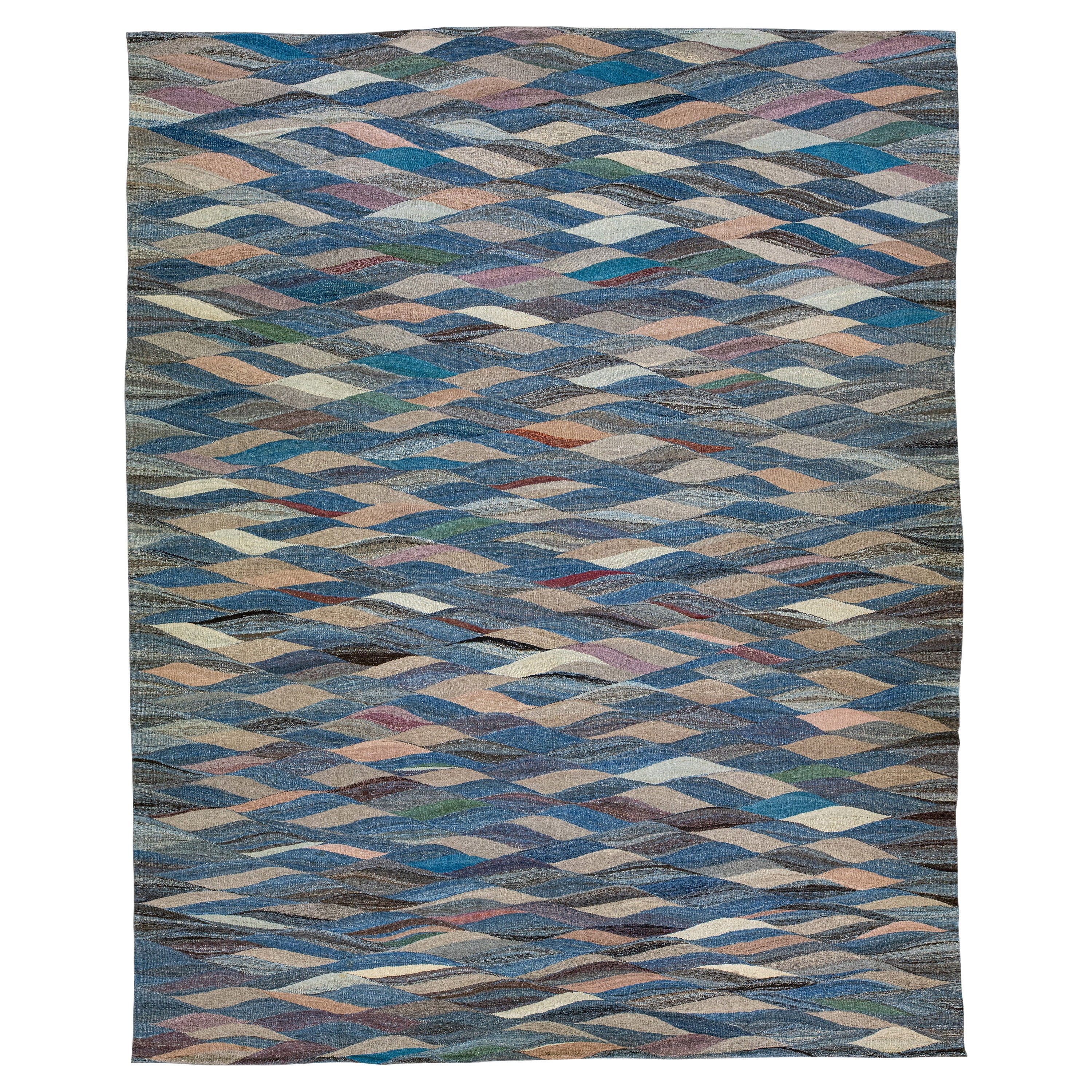 Tapis en laine bleu moderne abstrait à tissage plat surdimensionné