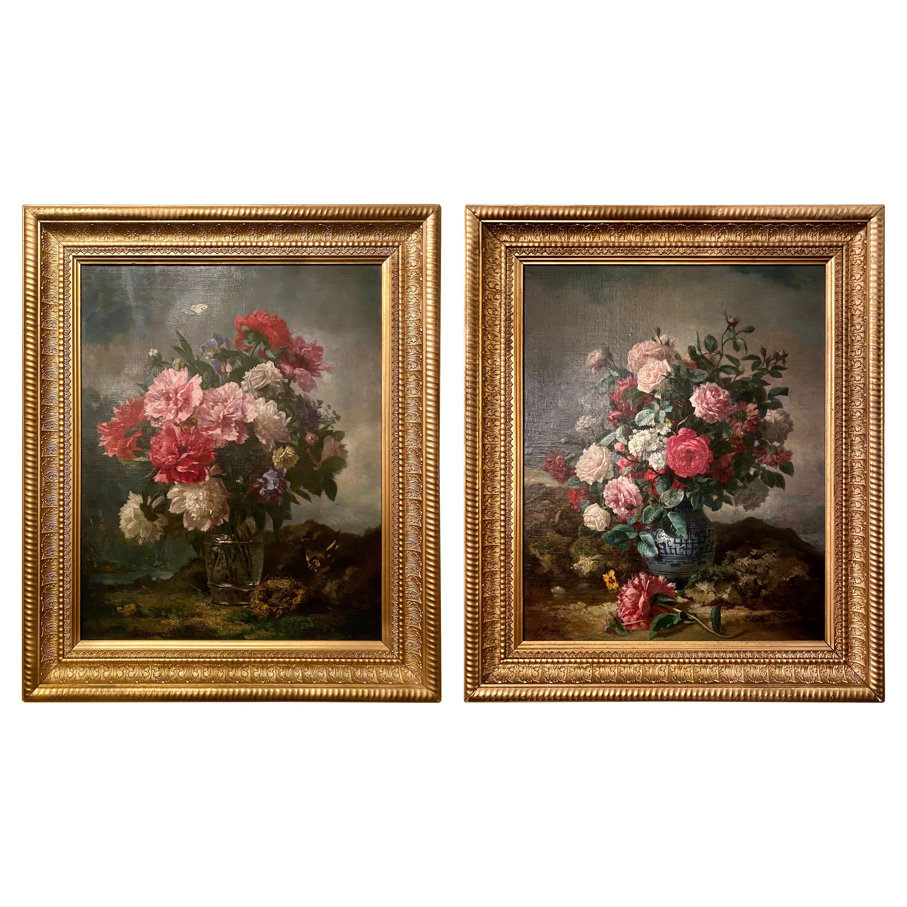 Pair Antique 19th Century E.C. Muraton Floral Still-Life Oil on Canvas Paintings